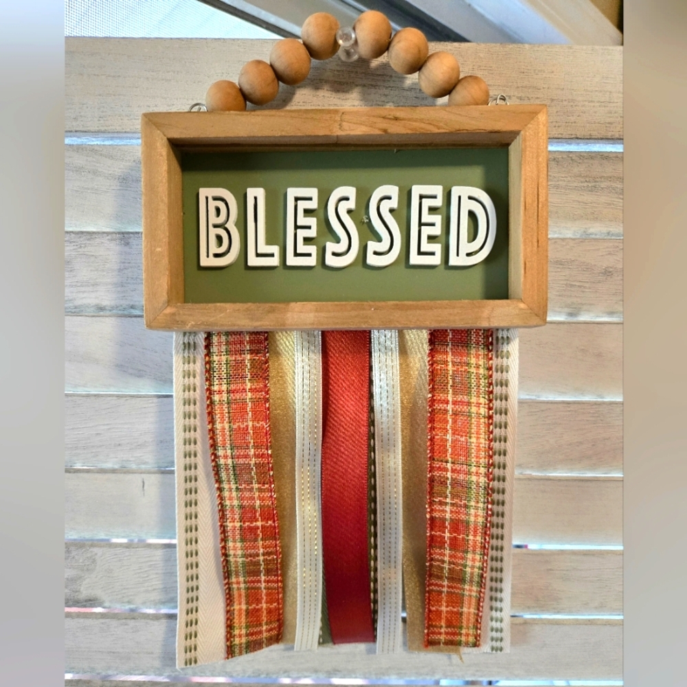 Blessed Autumn Pumpkins Fall Wall Decor Rustic Country Home Office Wood Ribbon